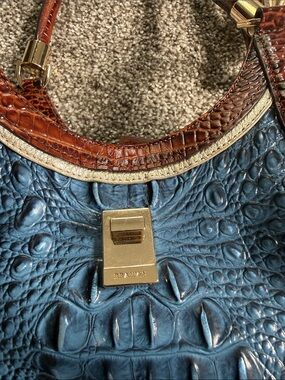 Brahmin Blue and Brown Croc-Embossed Leather Tote with Gold Hardware
